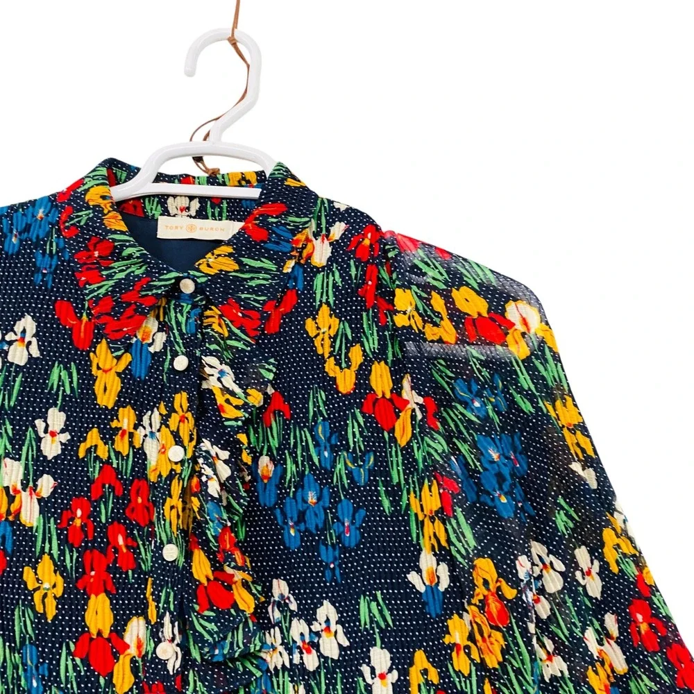 Tory Burch Navy Blue Floral Pleated Ruffle Button Front Shift Mini‎ Dress 6